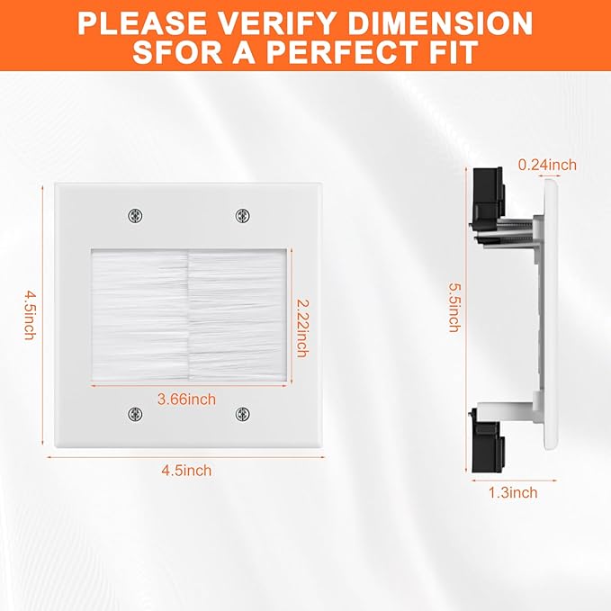 in Wall Cable Management Kit for Wall Mounted TV 2 Gang Brush Wall Plate - Cable Pass Through Wire Hider for Cable Management,Cord Hider for Ethernet Cables, HDMI, Home Theater Systems Pass Through