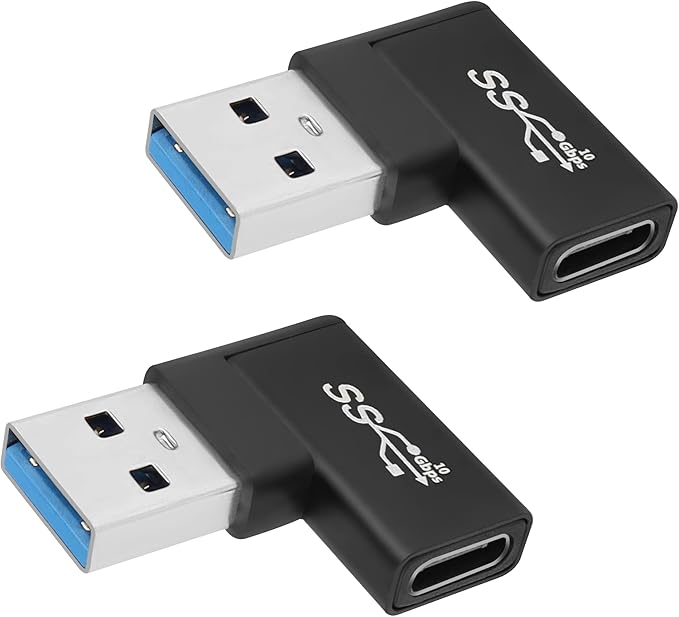 QIANRENON 90° Angle USB 3.1 to USB C Adapter 10Gbps USB A Male to Type C Female Right Angle L-Shaped Connector, for Data Transfer OTG 3A Charging, for PC Laptop Tablet,2Pcs (Right Angle Lateral Bend)