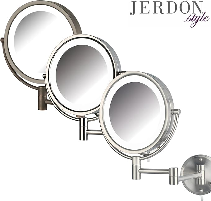 JERDON Wall-Mounted Makeup Mirror with Lights - Direct-Wired Lighted Makeup Mirror with 8X Magnification & Nickel Finish - Model HL88NLD
