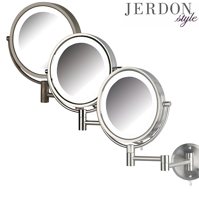JERDON Wall-Mounted Makeup Mirror with Lights - Chrome Lighted Makeup Mirror with 8X Magnification - Model HL88CL