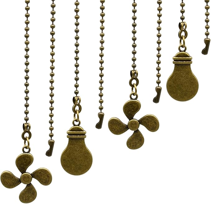 Ceiling Fan Pull Chain Set - 4 Piece Bulb and Fan Pattern Extension Pendant, 12 Inch Extender With Ball Connector (Antique Bronze)
