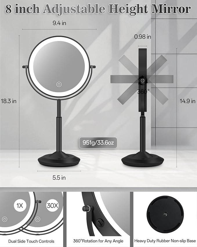 Makeup Mirror with Lights, 1X/30X Lighted Magnifying Mirror Height Adjustable, 3000mAh Rechargeable Double Sided Vanity Mirrors with 3 LED Lighting and Adjustable Brightness for Desk Women Gift