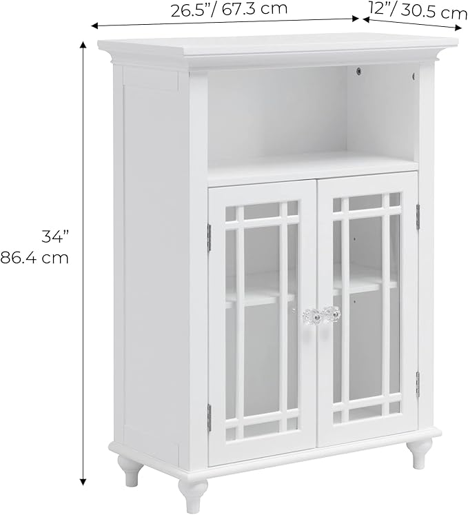 Teamson Home Neal Wooden Freestanding Floor Cabinet with 1 Adjustable Shelf 3 Storage Spaces 2 Glass Doors and 2 Clear Knobs, White