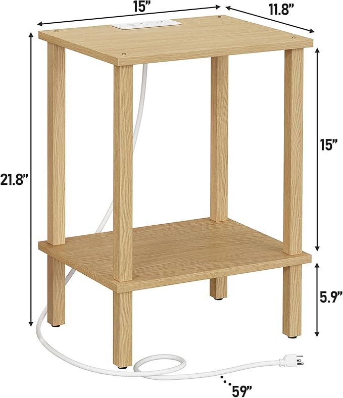 TUTOTAK End Table with Charging Station, Small Side Table with Outlets, Nightstand Bedside Table, 2-Tier Storage Shelf for Small Space, Living Room, Bedroom, Natural TB01BN040