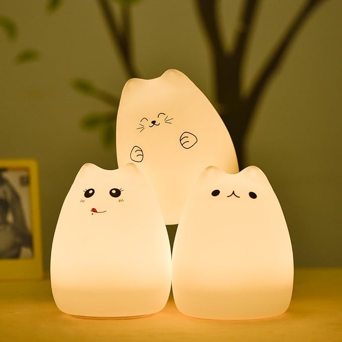 WoneNice Cute Kitty Night Light, Rechargeable Silicone Cute Lamp with Warm White & 7-Color Breathing Modes, Touch Sensor Control, Gift for Women Mom Teen Girls Kids Toddler Baby