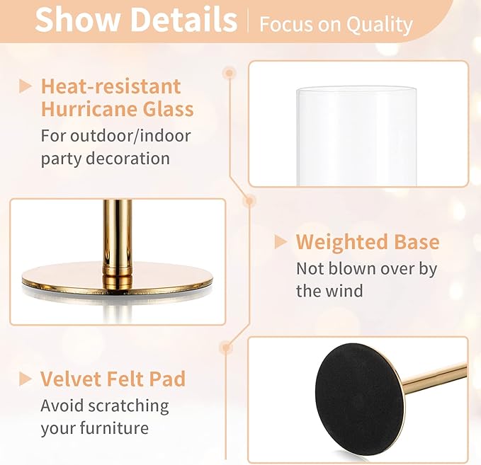 Nuptio Glass Hurricane Candle Holder: Set of 6 Gold Candlestick Holders - Long Stem Taper Candleholders for Christmas Tabletop Centerpiece Fireplace Decor Cylinder Candle Stand Windproof 14" 16" 18"