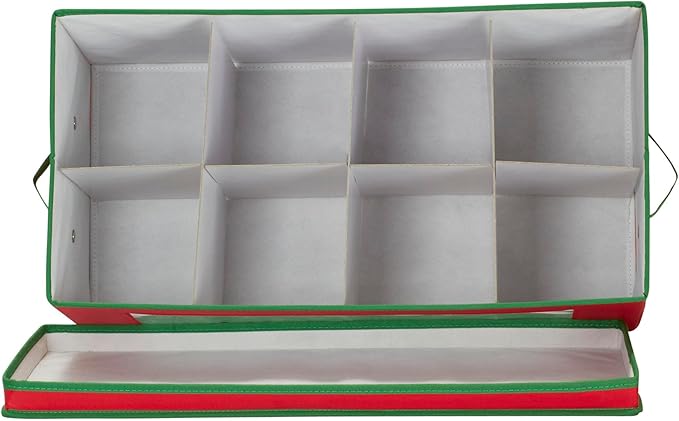 Household Essentials Holiday Figurine Storage Box, Windowed Storage with Lid, 8 Storage Compartments, Double Handles, Red with Green Trim