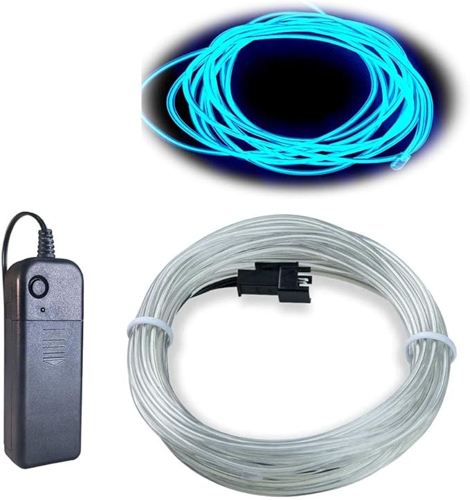 MaxLax EL Wire Ice Blue, 2M Portable Battery Pack Neon Light Strip 360° Cuttable Glowing Rope Lights for Parties, Halloween, DIY Decoration