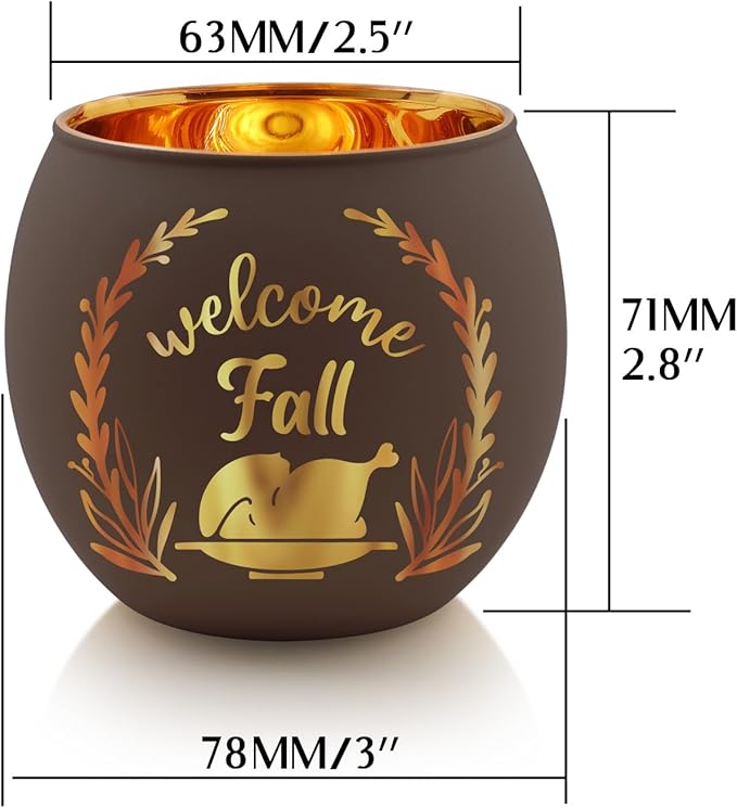 SHMILMH Thanksgiving Votive Candle Holder Set of 12, Glass Tealight Votives Holder with 6 Laser Engraving Patterns, Fall Table Centerpiece Indoor Outdoor Decor
