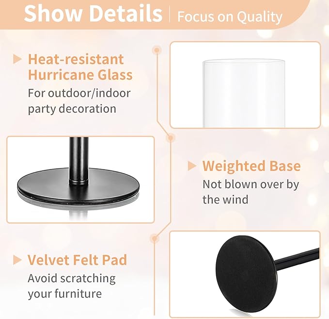NUPTIO Hurricane Glass Candle Holders: 3 Pcs 23.6 & 21.7 & 19.7 in Tall Black Modern Metal Candlestick Tapers Holder with Cylinder Sleeves Antique Taper Candles Stand for Halloween Christmas Decor