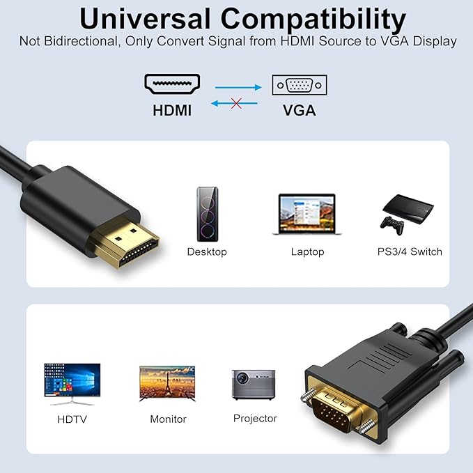 6ft HDMI to VGA Cable 5-Pack, 1080P HD Video, Compatible with Computer, Laptop, Monitor, Projector, HDTV