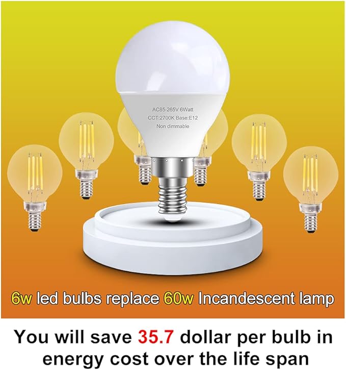 E12 LED Candelabra Light Bulbs, 60 Watt Equivalent, 120V Chandelier Llight Bulb, A15 / G45 Shape Ceiling Fan Light Bulbs, Bright Small Bulb Non-Dimmable, Warm White 2700K, 12 Pcs