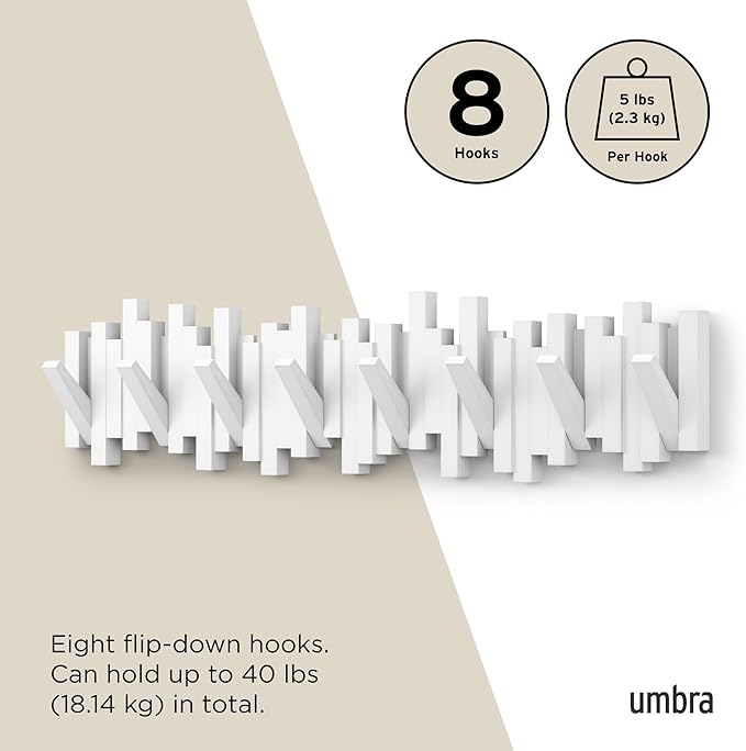 Umbra Sticks Wall-Mounted Coat Rack Rail Hook with 8 Retractable Pegs – Modern, Space-Saving Storage Organizer, White