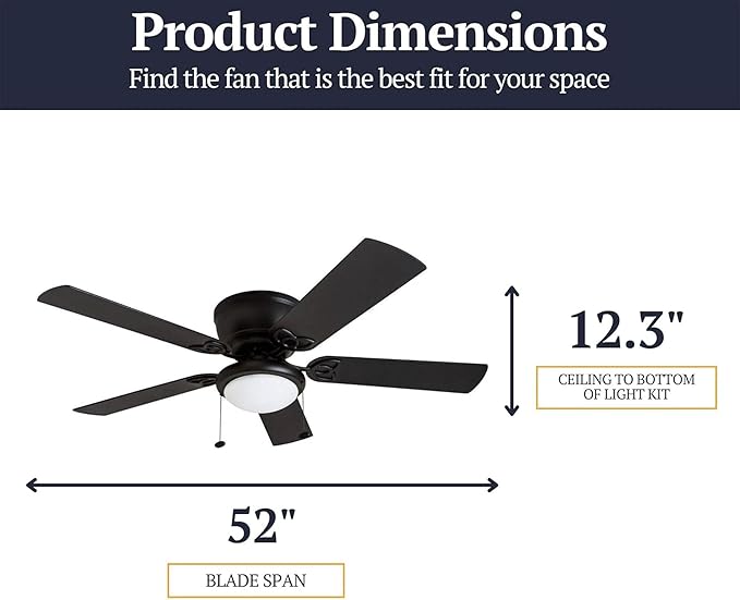 Prominence Home Benton Traditional 52 Inch Ceiling Fan with Light, LED Flush Mount Ceiling Fan, Indoor Fan with 5 Blades, Matte Black and Gray Cedar Blade Finish Options, Matte Black (50853-01)