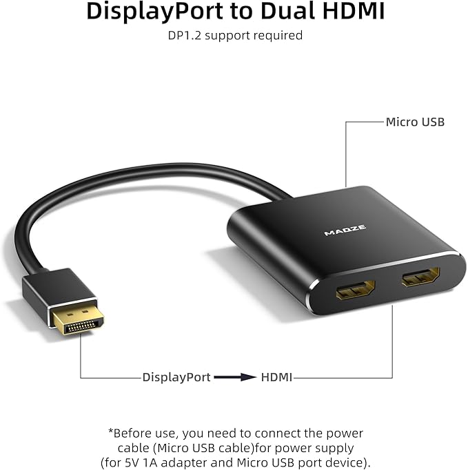 4K@60Hz DisplayPort to Dual HDMI Adapter – Display Port to 2 HDMI Splitter, MST Dual Monitor Splitter for Computer Laptop Graphic Card,PC,Windows