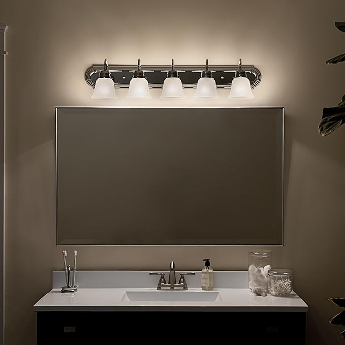 Kichler 36" Bathroom Vanity Light with Satin Etched Glass, 5-Light Traditional Design in Tannery Bronze, (36"x8"x8"), 5339CHS