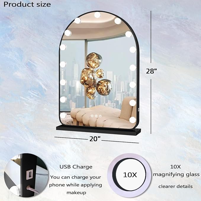 Hollywood Arch Black Vanity Makeup Mirror with Lights 15 Bulbs Dimmable 3Color Black Lighted Vanity Mirror for TableTop Wall Detachable Base X10 Magnifying Arch Makeup Desk Mirror with Lights