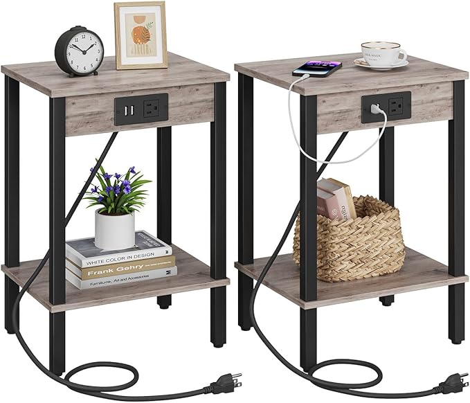 VIMBER Set of 2 End Table with Charging Station, Narrow Side Table with USB Ports and Outlets, Nightstands with 2-Tier Storage Shelves, Sofa Table for Small Space Living Room Bedroom, Greige