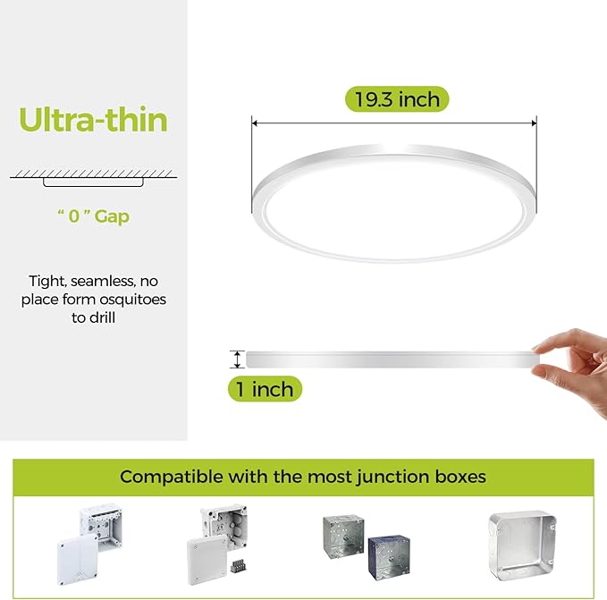 20Inch Big Dimmable Flush Mount LED Ceiling Light Fixture, 3000K-4500K-6000K 3 Color Selectable Ceiling Lamp 45Watt 4500LM Low Profile Ceiling Light for Kitchen Bedroom Hallway Porch