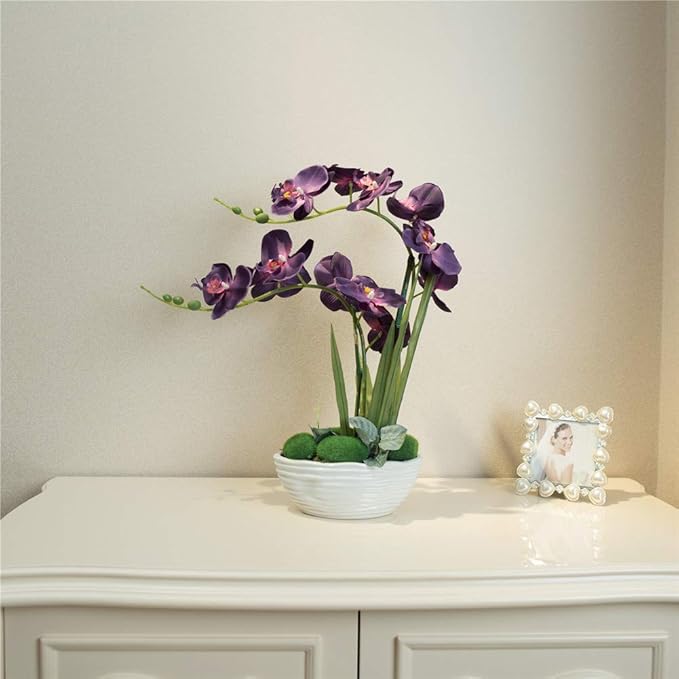 Large Artificial Potted Orchid Plant, Silk Flower Arrangement with Ceramics Vase, Dark Purple