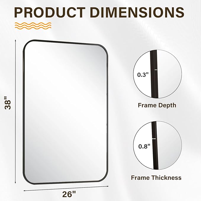 HARRITPURE Rectangular Bathroom Mirror 38''x26'' Black Bathroom Wall Mirror Aluminum Frame Wall-Mounted Mirrors for Entryway Bedroom Living Room