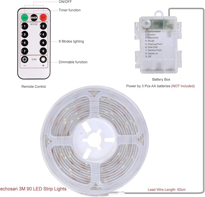 echosari Green LED Strip Lights Battery Powered, 90 LED 2835 SMD Strip Lights 9.8 Ft Cuttable Self-Adhesive Strip Lights with Remote Timer for Outdoor Indoor Party Bedroom Decoration