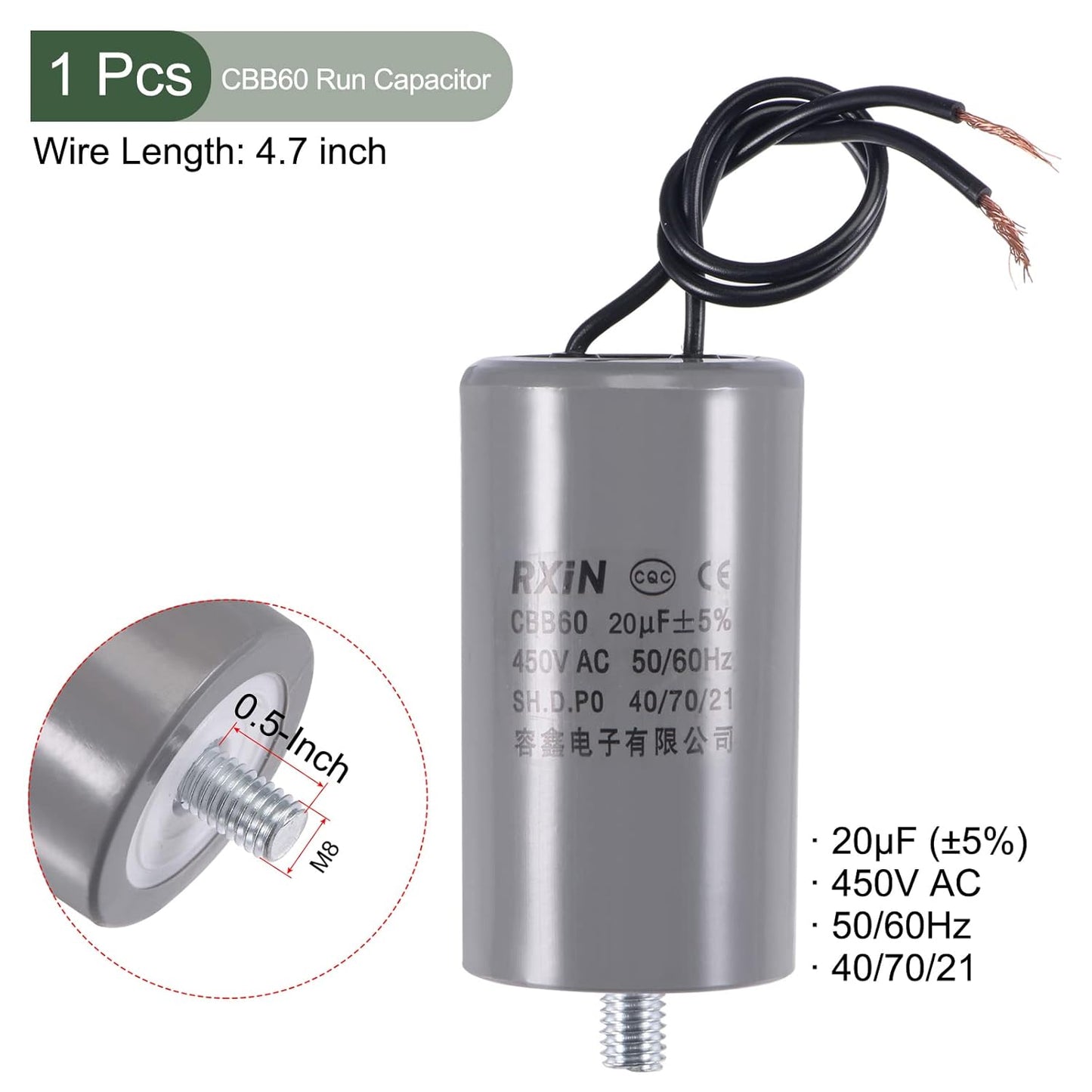 YOKIVE CBB60 Run Capacitor, 450V AC 20uF 50/60Hz with M8 Fixing Stud, Low Loss Round Capacitor for Washing Machines