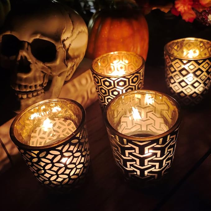 SHMILMH Halloween Votive Candle Holders Set of 12 Black Gold Glass Tealight Candle Holders with 4 Patterns Table Centerpiece for Halloween Party Table Decorations