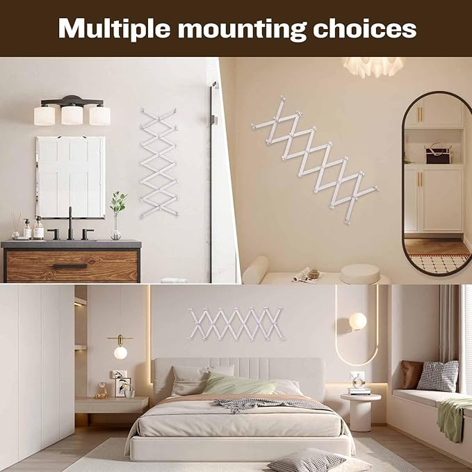 Accordion Wall Hanger with 20 Hooks, Wooden Wall Expandable Coat Rack for Coat, Hats, Baseball Caps, Coffee Mug, Jewelry(Ruist White)