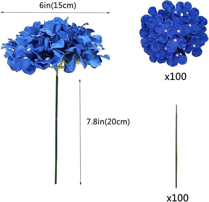 100PCS Artificial Hydrangea Flowers, Fake Flowers Silk Hydrangea Full Flowers Heads with Stems for Wedding Home Party Shop Baby Shower Decor (Royal Blue)