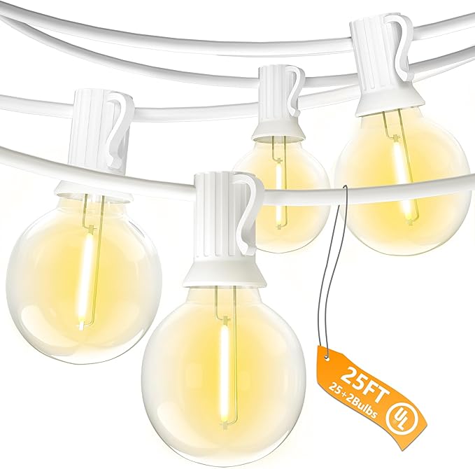SUNSGNE 25FT G40 LED White Outdoor String Lights, White Patio Lights with 25 Shatterproof LED Clear Globe Bulbs for Patio Garden Porch Pergola Bistro Outside Decor