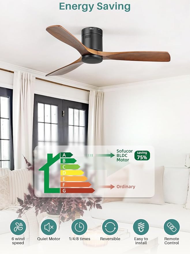 Sofucor 52 Inch Smart Ceiling Fan Without Lights Flush Mount Solid Wood Ceiling Fan with Alexa/Google Assistant/APP/Remote Control-Modern Outdoor Ceiling Fans No Light for Bedroom/Patio, Brown Black