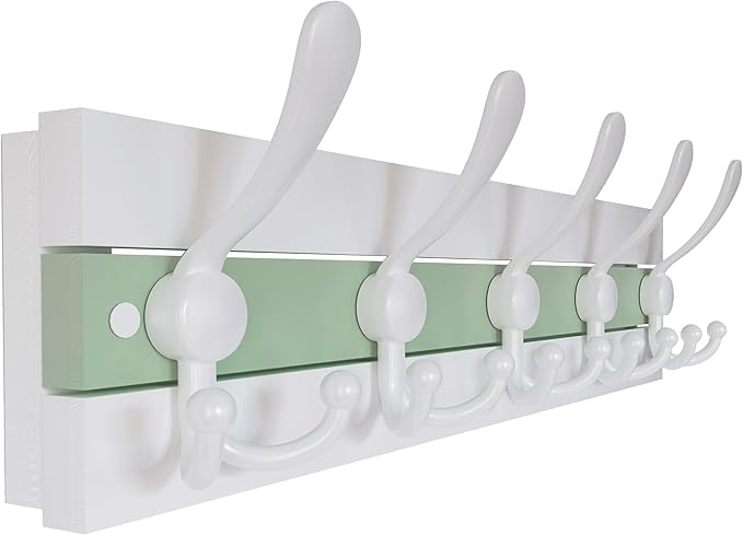 SKOLOO Coastal Wall Mounted Coat Rack - 17" Beach House Entryway Wooden Coat Hook with 5 Hooks for Hanging Coats, Hats or Towels, Oceanfront Cottage Core Collection, White & Green