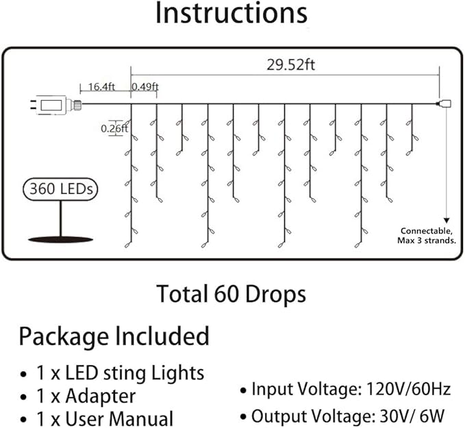 Toodour Christmas Icicle Lights Outdoor, 360 LED 29.5ft 8 Modes Fairy Icicle String Light with 60 Drops, Led Christmas Lights Twinkle for Holiday, Party, Wedding, Eaves, Xmas Decorations (Multicolor)