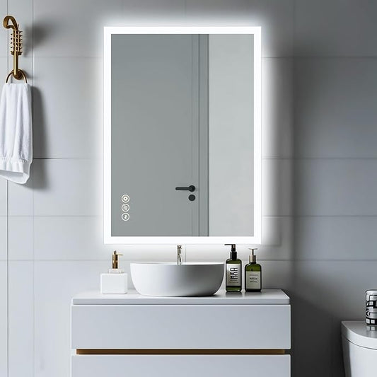 Lighted Bathroom Makeup Mirror,20x28 Inch LED Wall Mount Frameless Rectangle Smart Bathroom Mirror with Touch Button Horizontal/Vertical,Anti-Fog