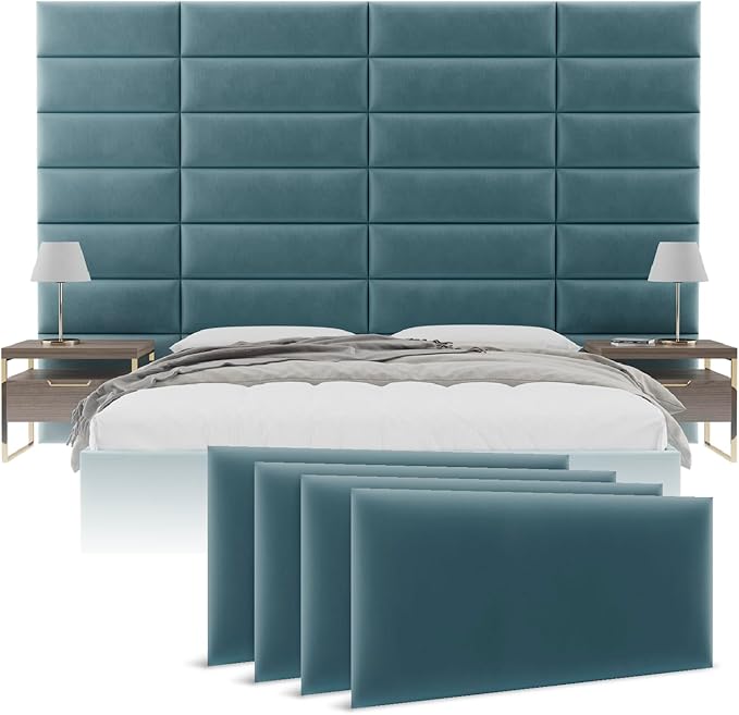 Vänt Upholstered Wall Panels - Queen/Full Size Wall Mounted Velvet Headboards - Velvet Antique Blue - Set of 4 Panels (Each Individual Panel 30"x11.5")