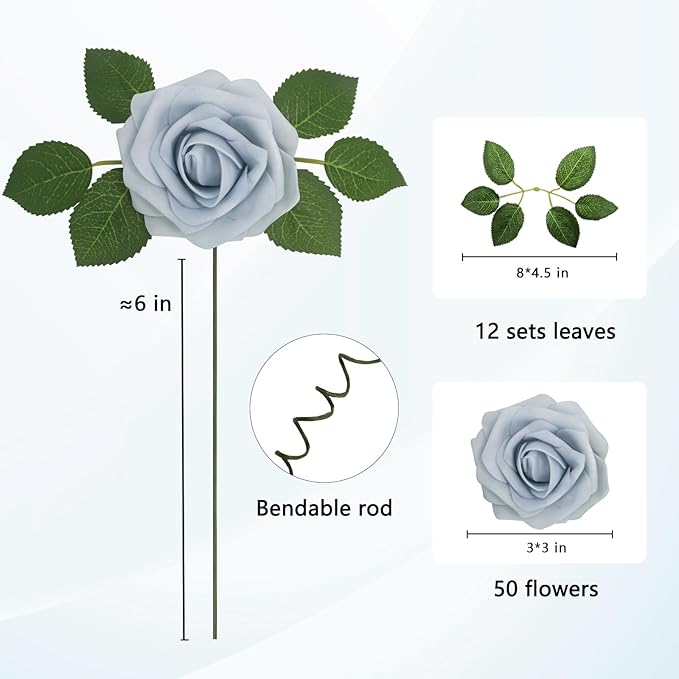 50Pcs Powder Blue Artificial Flowers Realistic Roses, Real Looking Fake Roses with Stem for DIY Wedding Bouquets Centerpieces Bridal Shower Party Home Romantic Decorations (Powder Blue, 50pcs)