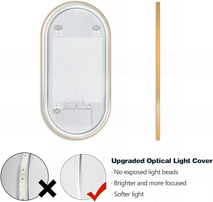 Niccy Oval LED Mirror for Bathroom, 48x24 Front Lit + Backlit Vanity Mirror with Light Anti-Fog, Shatter-Proof, 3 Colors, Makeup Mirrors with Gold Frame (Horizontal/Vertical)