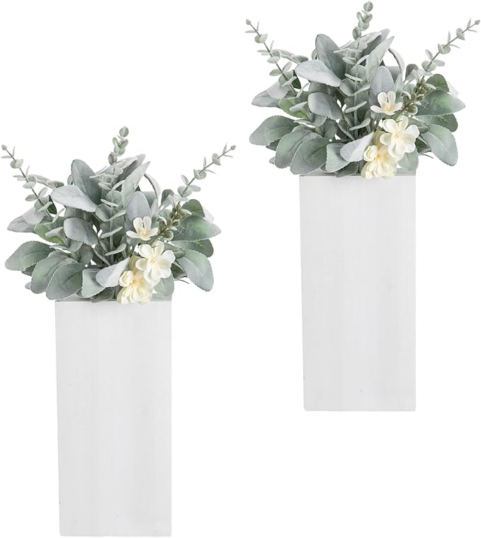 Wood Wall Planters 2 Pack with Artificial Greenery Plants - Pocket Wall Vases for Dried Flowers - Wood Wall Decor Hanging Planters for Living Room, Bedroom, Home Decor - White