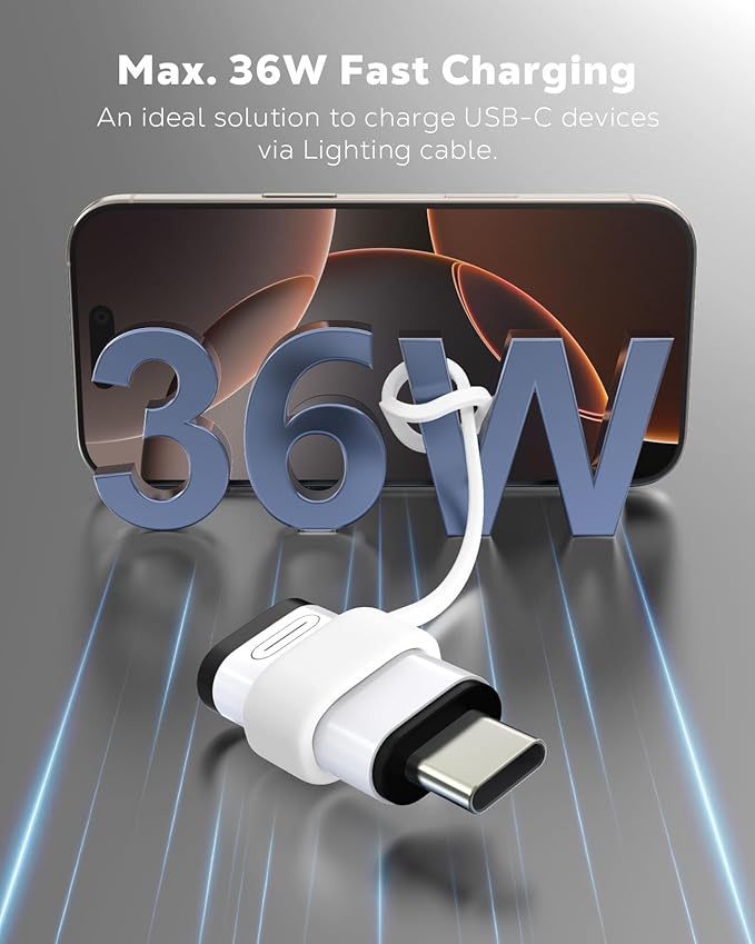 MoKo 36W Lightning to USB C Adapter für iPhone 17 Air 16 15 Pro Max Plus Galaxy,iPad -NOT for EarPods/Headphones/OTG, 2Pack USB-C to Lightning Adapter ONLY for Fast Charging/Data Sync, White/Black