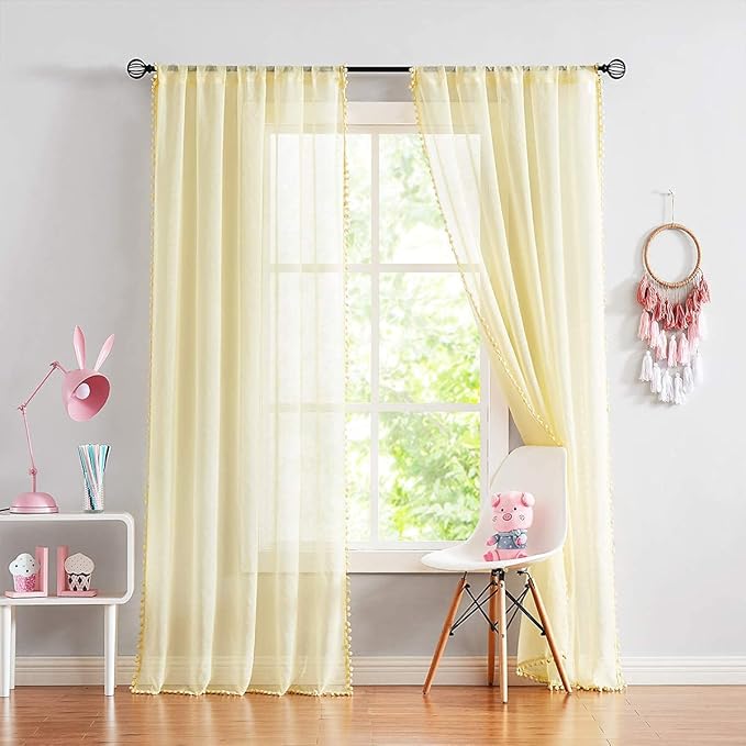 Treatmentex Pompom Sheer Yellow Curtains for Living Room Bedroom Nursery Room 72 inch Long Linen Texture Curtain Drapes for Kids Room 2 Panels Rod Pocket