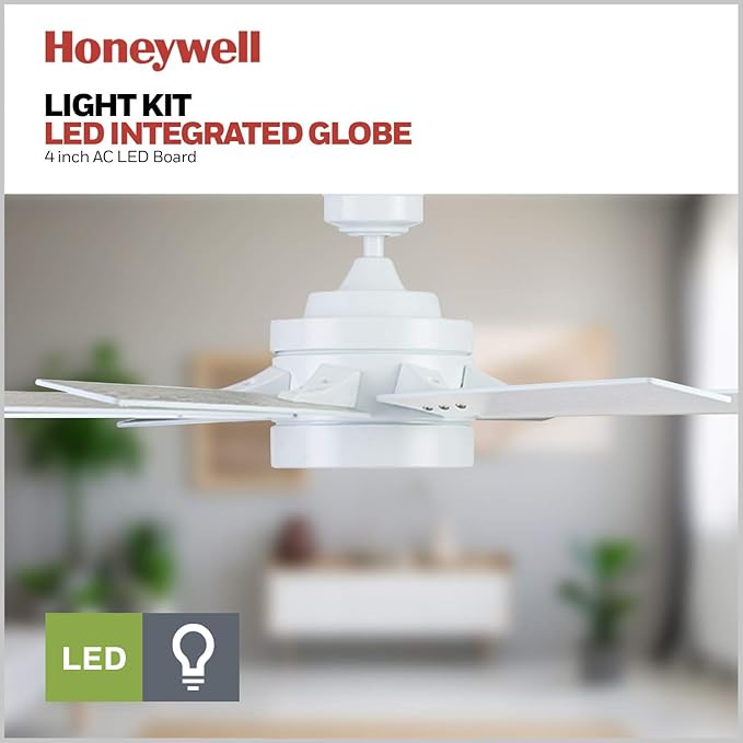 Honeywell Ceiling Fans Xerxes Modern 62 Inch Ceiling Fan with Light, Remote Control Fan, LED Indoor Fan with 8 Blades, White and Gray Wash Blade Finish Options, White (51628-01)