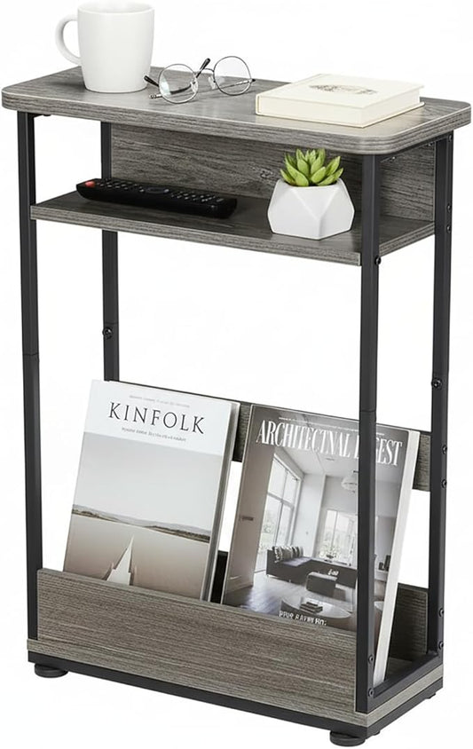 Narrow Side Table,3-Tier Slim End Table with Storage Shelf,Modern Sofa Table Thin Side Table for Narrow and Small Spaces, Skinny Bedside Table Small Nightstand with Magazine Rack Space Saving/Grey