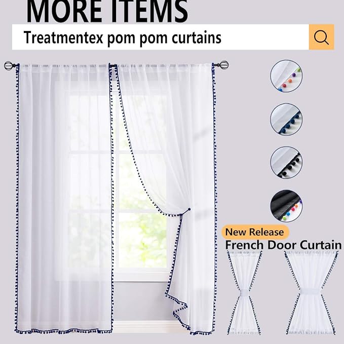 Treatmentex Pom-Pom Grey Sheer Curtains for Canopy in Girls Bedroom 84inches Long Linen Textured Sheer Drapes for Windows 2 pc