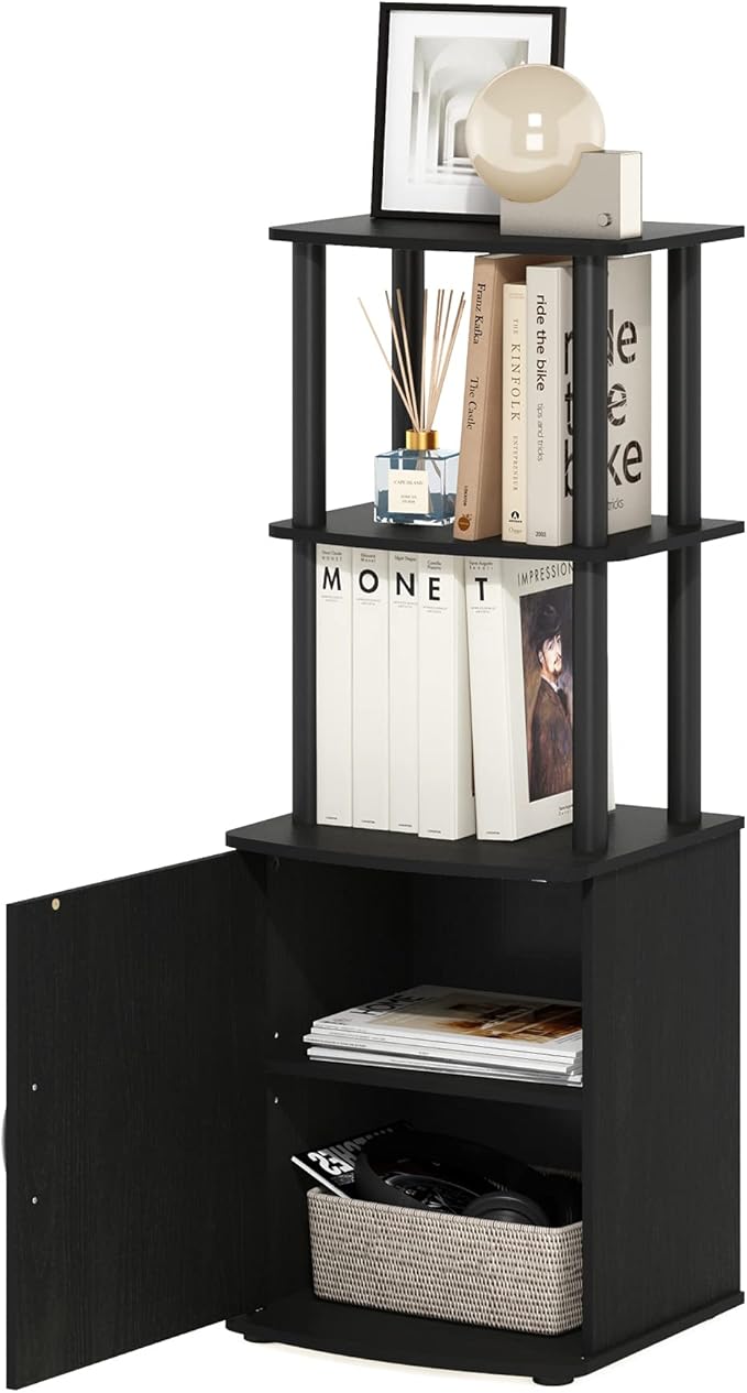 Furinno Turn-N-Tube Tall TV Entertainment Side Table Display Rack with Storage Cabinet, 2-Tier, Blackwood/Black