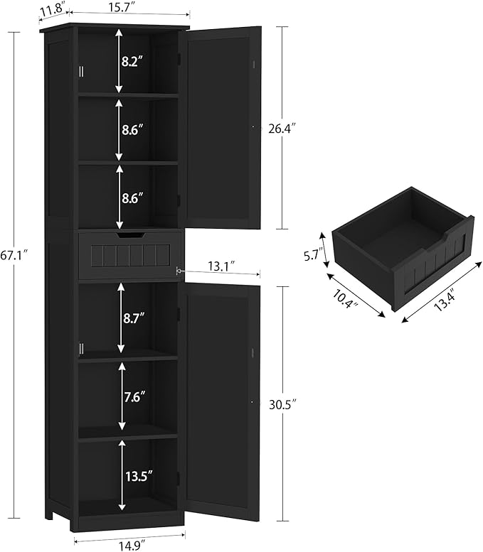 Iwell Tall Black Bathroom Cabinet with 2 Doors and 1 Drawer, Bathroom Storage Cabinet with Adjustable Shelves, Narrow Storage Unit for Living Room, Entryway, Kitchen, Black
