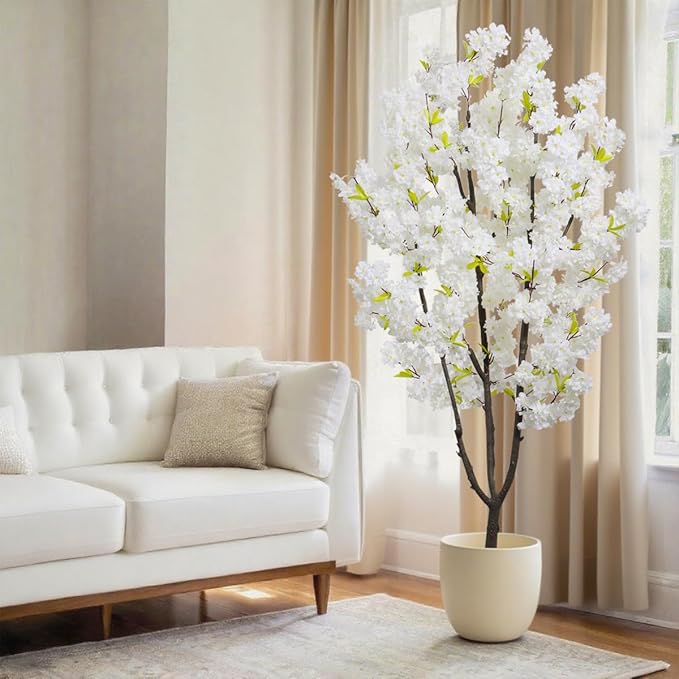 Faux White Cherry Blossoms Tree 6FT Flowering Tree Artificial Cherry Blossom Tree for Bedroom Home Decor