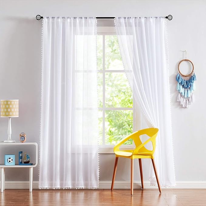 Treatmentex Pom-Pom Sheer White Curtains Extra Long 108-inch for Living Room, Slub Linen Textured White Sheer Window Drapes for Bedroom 2 Pack 52" w