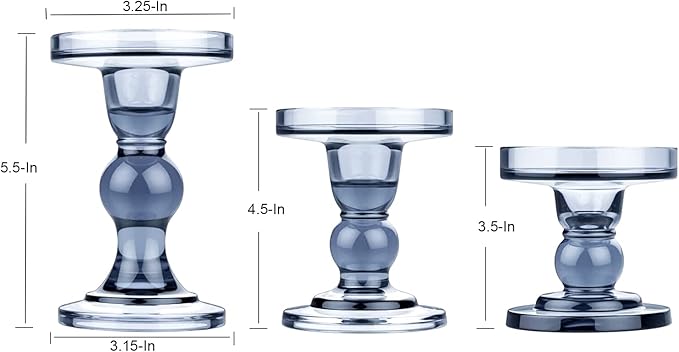 KiaoTime Set of 3 Glass Pillar Candle Holder Candlestick Taper Candle Set Crystal Blue Candlesticks Holder for Home Fireplace Table Bath Wedding Decoration
