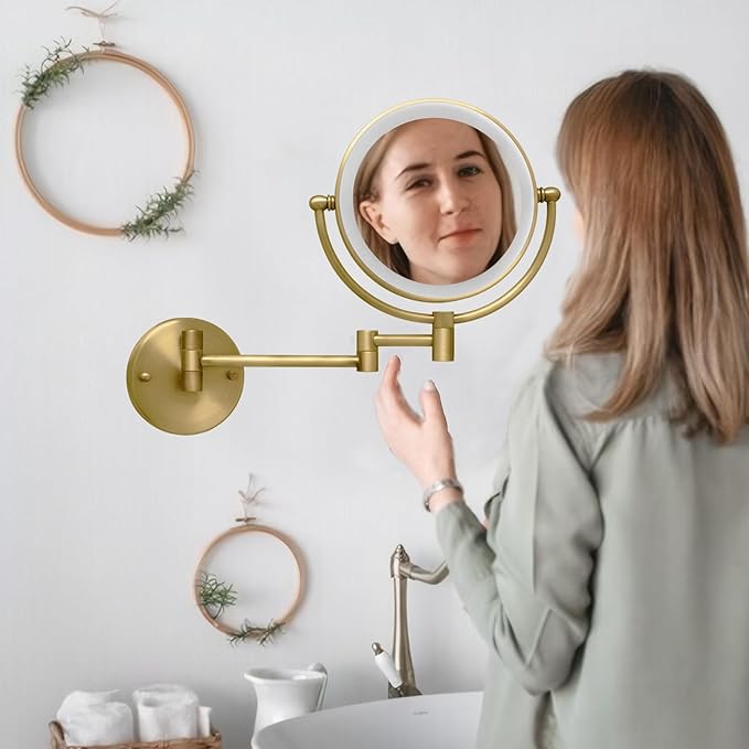 Make up Mirror Wall Mounted Lighted 10X Magnifying Hard Wired, Double Sides 3 Color Lighting Touch Dimming, 360 Swivel Extended Arm Shaving Light up Mirror for Bathroom, Antique Brass